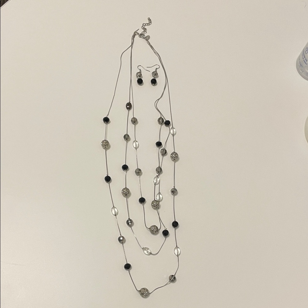 Silver and Black Beaded Necklace and Earrings